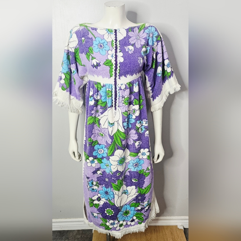 Vintage Floral Purple and Blue  Kaftan Towel Dress